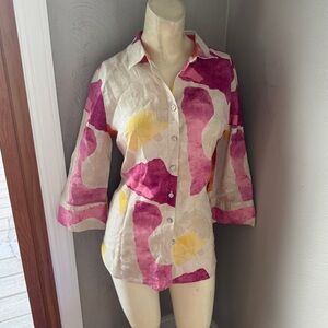 Chico's No Iron Linen Confetti Print Shirt size 00, button up blouse
